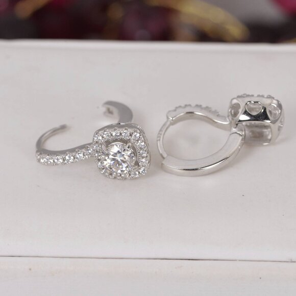 Certified Moissanite 1.0 ctw Halo Huggies Lever Hoop Earrings 925 Sterling NWT - Picture 2 of 4